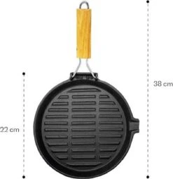Poêle à Griller Klarstein Retinta - Poêle à Frire - Poêle à Steak - Fonte Avec Manche En Bois Rabattable - Surface De Rôtissage Nervurée -Chauffe Soldes 1161x1200