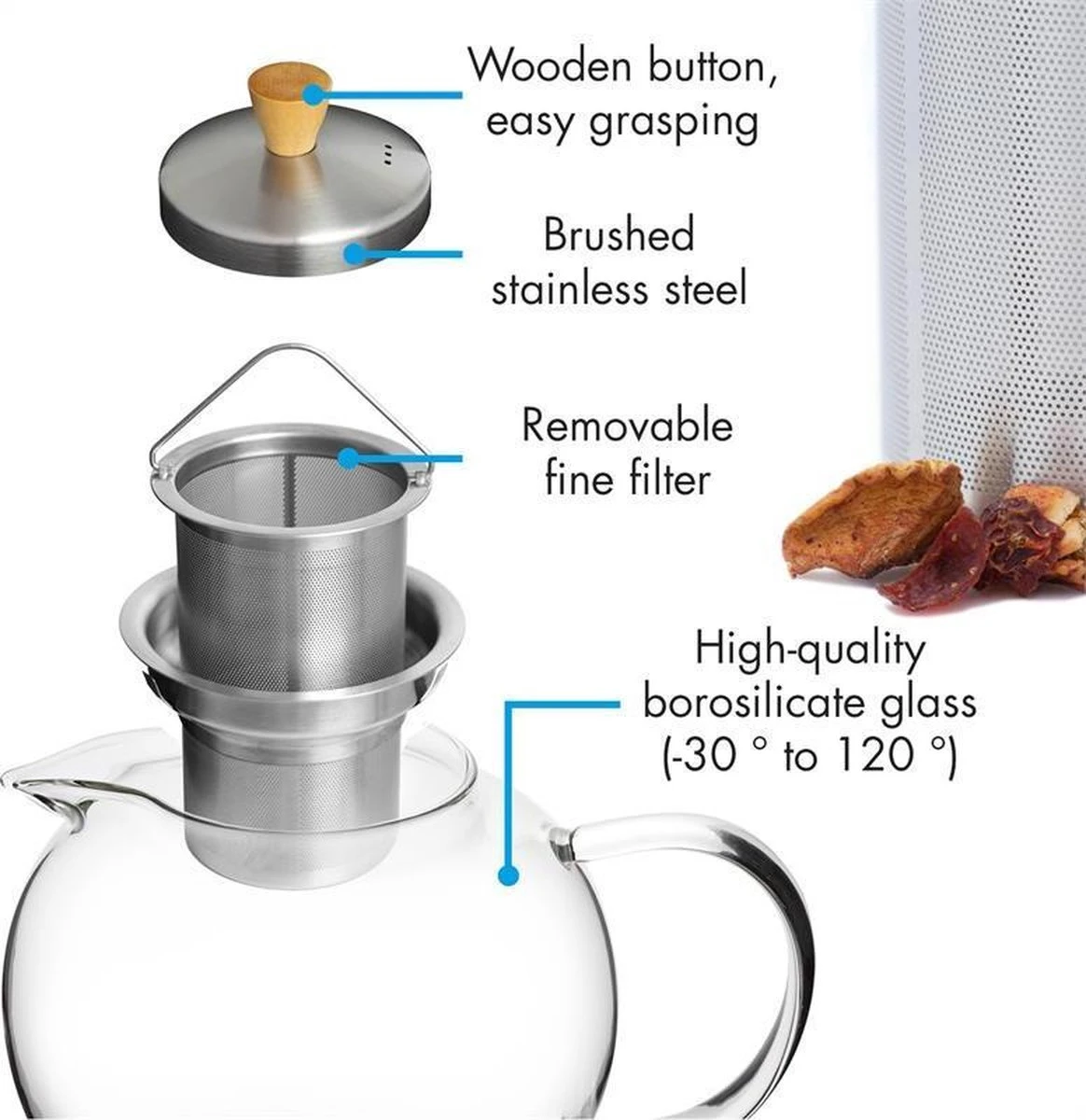 Verrerie Klarstein Théière Sencha - 1,3 Litre / 5-6 Tasses - Verseuse : Verre Borosilicaté (-30 ° C - 120 ° C) - Couvercle: Couvercle: Acier Inoxydable Avec Bouton En Bois 8 Verrerie Klarstein Théière Sencha - 1,3 Litre / 5-6 Tasses - Verseuse : Verre Borosilicaté (-30 ° C - 120 ° C) - Couvercle: Couvercle: Acier Inoxydable Avec Bouton En Bois - Image 6