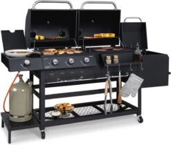 Klarstein Kingsville Double - Combi Fumoir à Charbon & Barbecue à Gaz 13,5kW - 3+1 Brûleurs - 2 Surfaces De Barbecue En Fonte -Chauffe Soldes 1200x1020