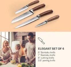 Set De Couteaux Klarstein Kaito - Acier Damas VG10 - 4 Pièces - Couteaux De Cuisine - Couteau D'office / Couteau De Chef / 2x Couteaux Santoku - Extra Tranchant - Manches Palissandre - Acier Inoxydable -Chauffe Soldes 1200x1144