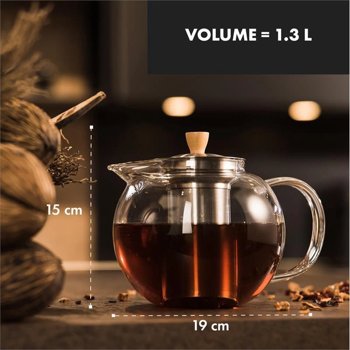 Verrerie Klarstein Théière Sencha - 1,3 Litre / 5-6 Tasses - Verseuse : Verre Borosilicaté (-30 ° C - 120 ° C) - Couvercle: Couvercle: Acier Inoxydable Avec Bouton En Bois 7 Verrerie Klarstein Théière Sencha - 1,3 Litre / 5-6 Tasses - Verseuse : Verre Borosilicaté (-30 ° C - 120 ° C) - Couvercle: Couvercle: Acier Inoxydable Avec Bouton En Bois - Image 5