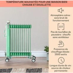 Thermaxx Retroheat Radiateur à Bain D'huile 2500 W Roulettes Vert -Chauffe Soldes 24062378 2